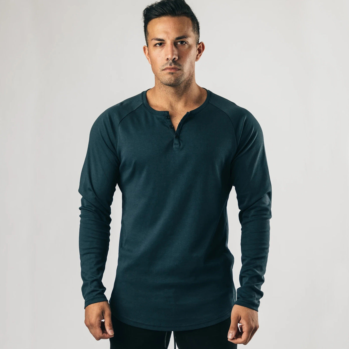 New Casual Button Long Sleeved T Shirt Men's Solid Color Sports Top