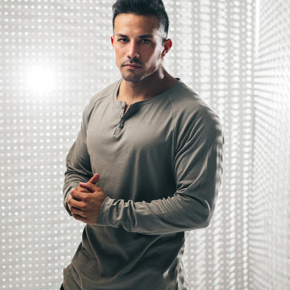 New Casual Button Long Sleeved T Shirt Men's Solid Color Sports Top