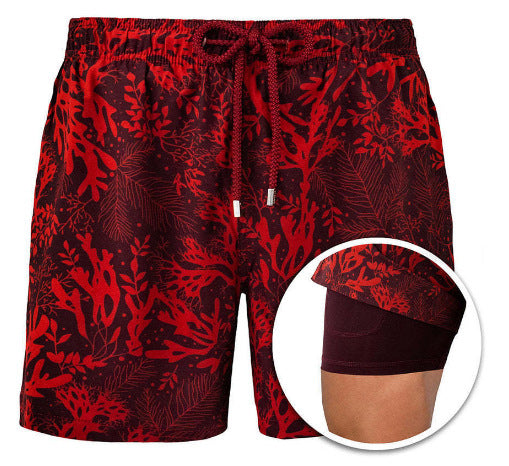 Mens Sports Print Double Layer Polyester Shorts